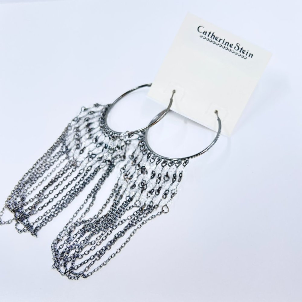 NWT - Catherine Stein - Large Gunmetal Tone Beaded Chain Dangle Hoop Earrings - Picture 5 of 6